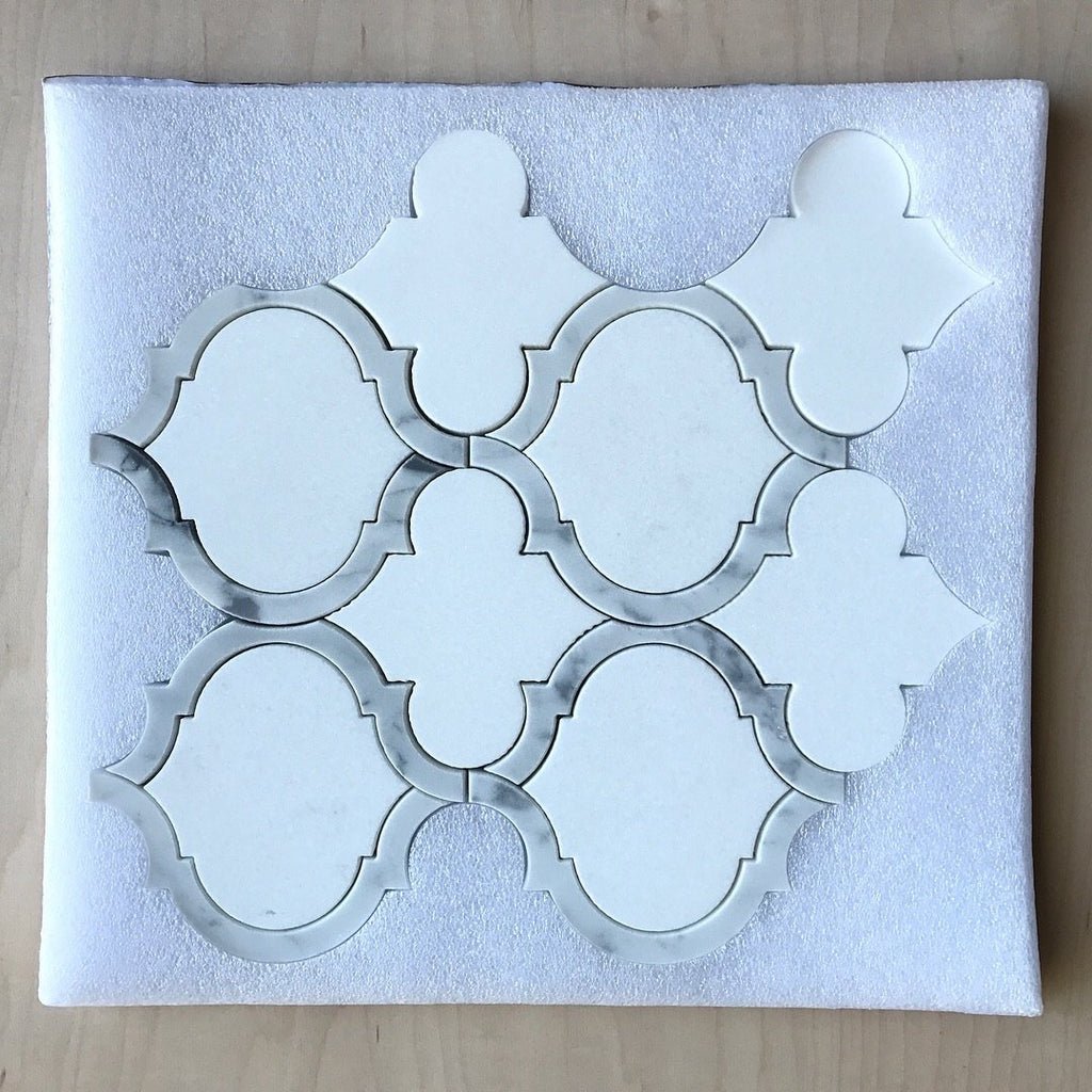 White Thassos and Bianco Carrara Marble Waterjet Mosaic Tile in Arabesque Marrakech - TileBuys
