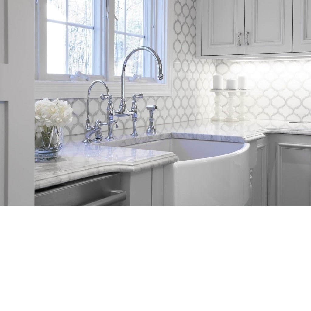 White Thassos and Bianco Carrara Marble Waterjet Mosaic Tile in Arabesque Marrakech - TileBuys