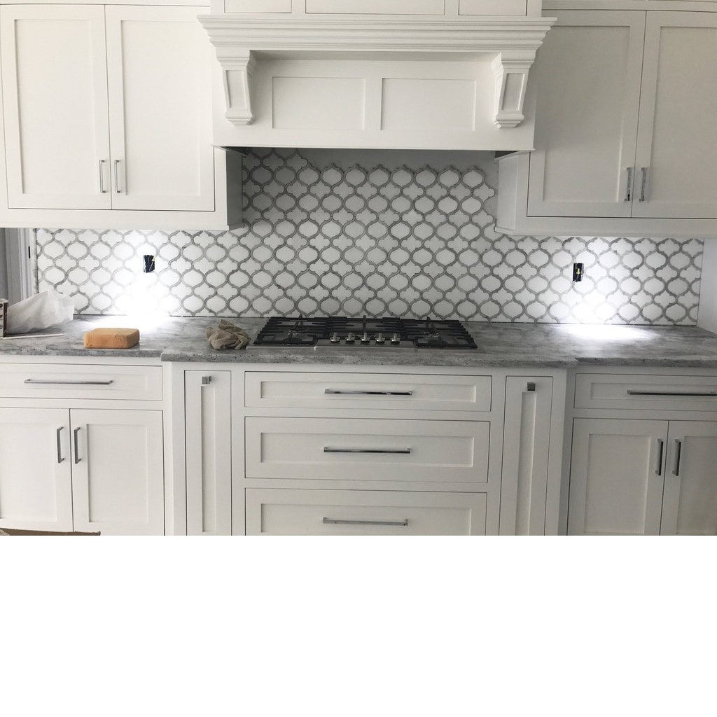 White Thassos and Bianco Carrara Marble Waterjet Mosaic Tile in Arabesque Marrakech - TileBuys