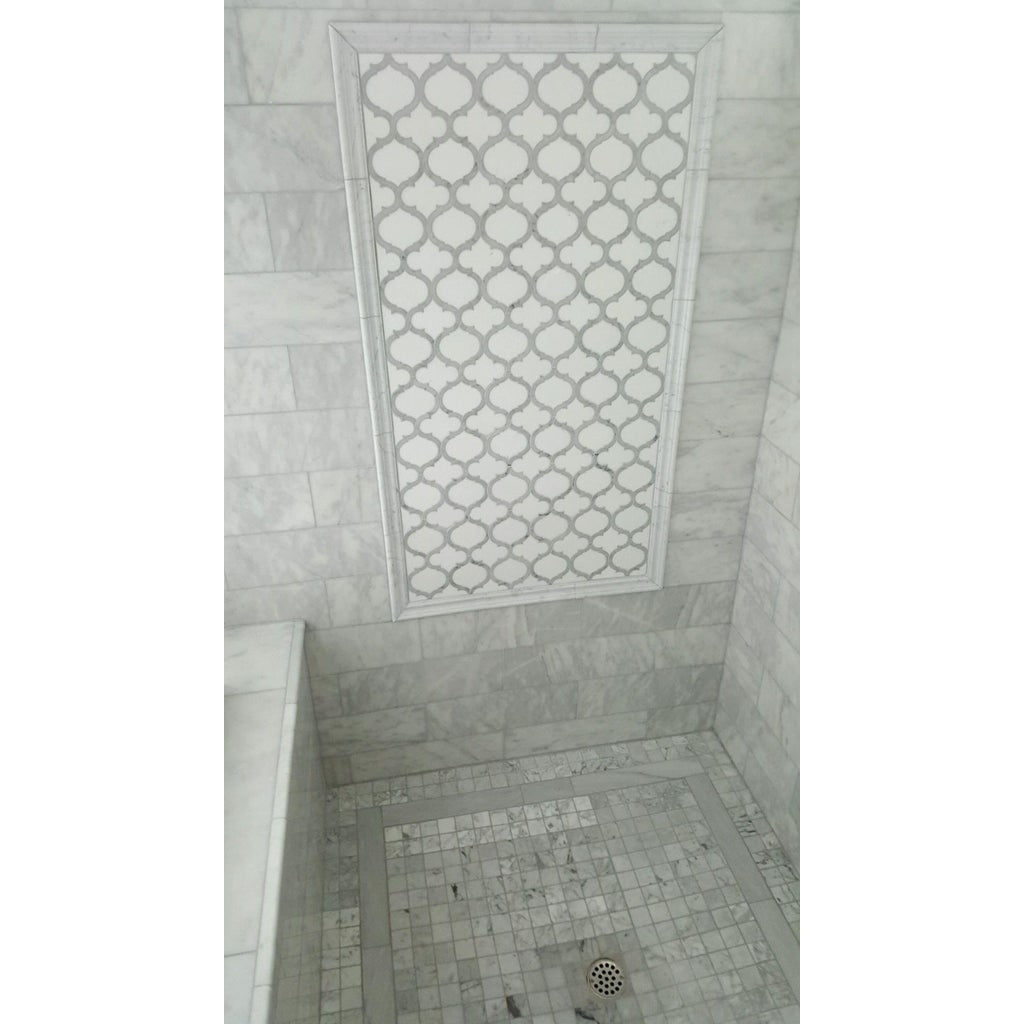 White Thassos and Bianco Carrara Marble Waterjet Mosaic Tile in Arabesque Marrakech