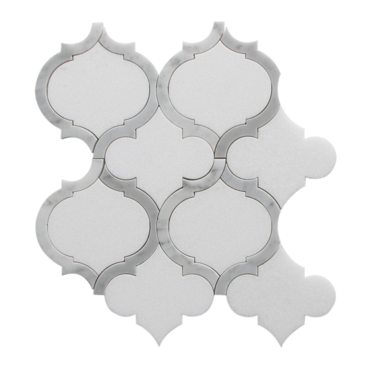 White Thassos and Bianco Carrara Marble Waterjet Mosaic Tile in Arabesque Marrakech - TileBuys