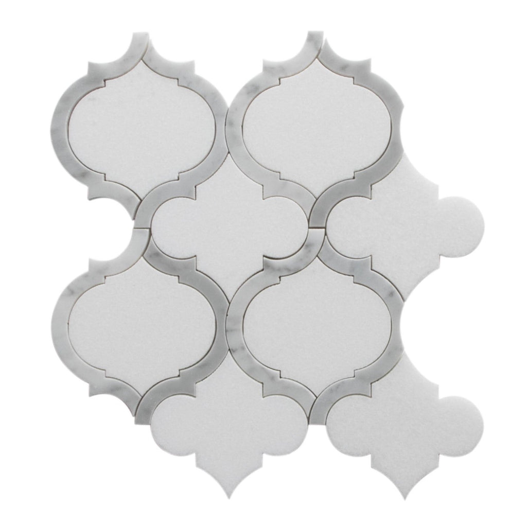 White Thassos and Bianco Carrara Marble Waterjet Mosaic Tile in Arabesque Marrakech - TileBuys