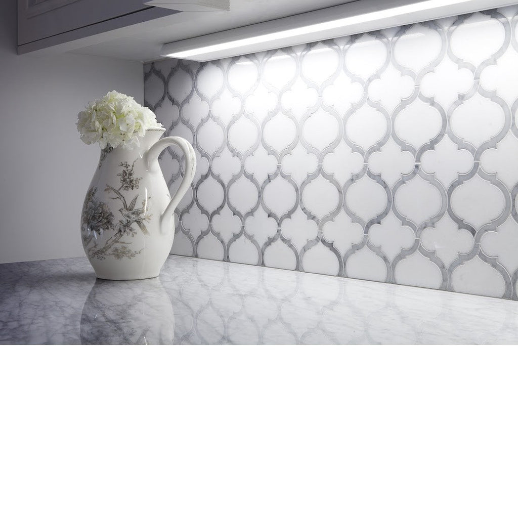 White Thassos and Bianco Carrara Marble Waterjet Mosaic Tile in Arabesque Marrakech - TileBuys