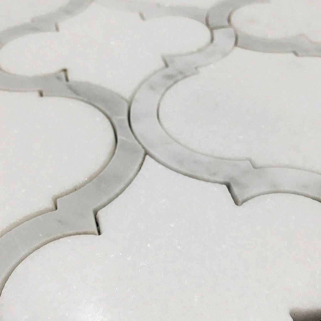 White Thassos and Bianco Carrara Marble Waterjet Mosaic Tile in Arabesque Marrakech - TileBuys
