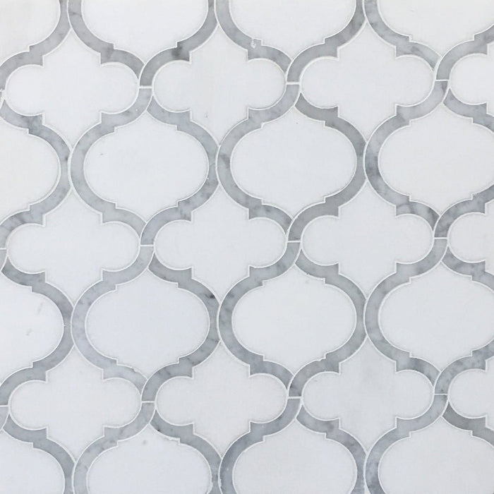 White Thassos and Bianco Carrara Marble Waterjet Mosaic Tile in Arabesque Marrakech - TileBuys