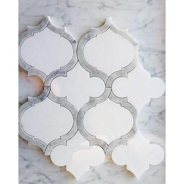 White Thassos and Bianco Carrara Marble Waterjet Mosaic Tile in Arabesque Marrakech