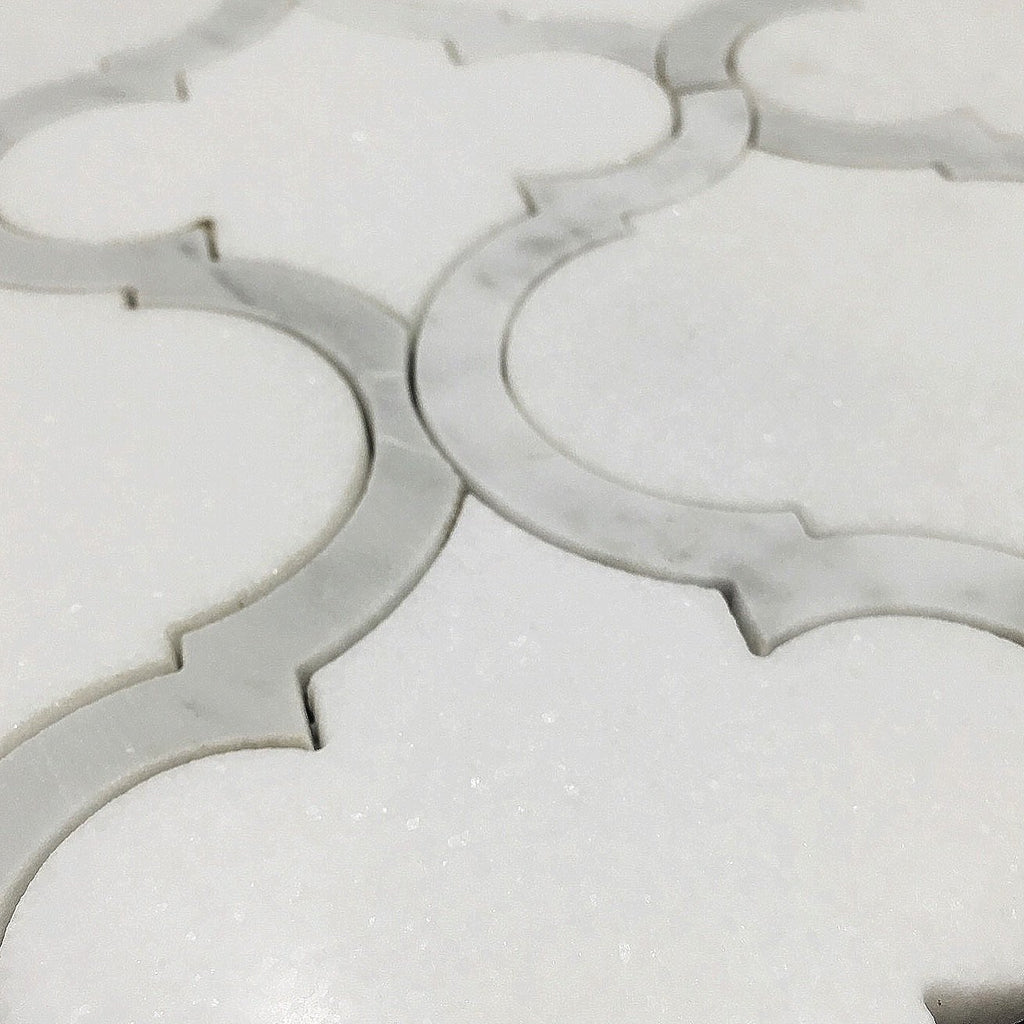 White Thassos and Bianco Carrara Marble Waterjet Mosaic Tile in Arabesque Marrakech
