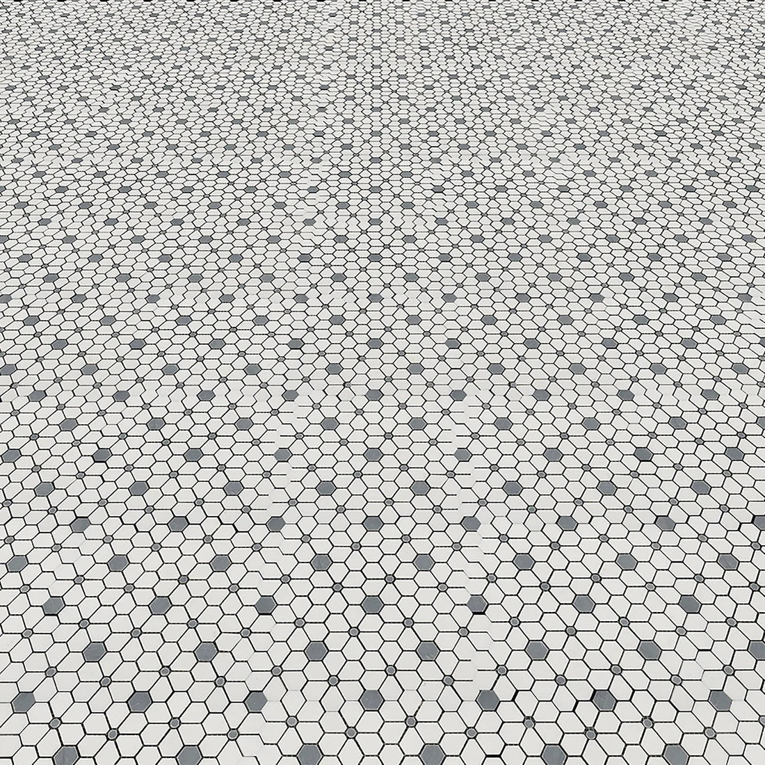 White and Blue Gray Marble Hex Flower Tile Floor
