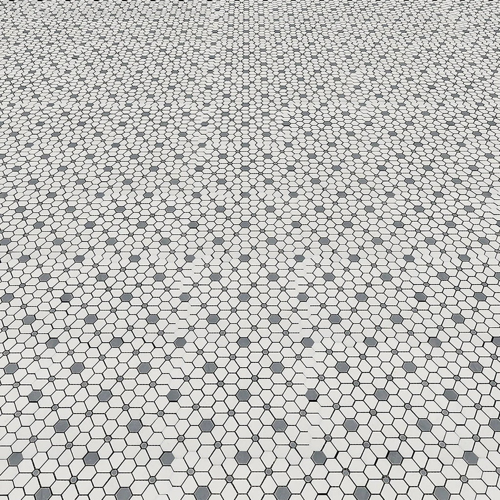 White and Blue Gray Marble Hex Flower Tile Floor