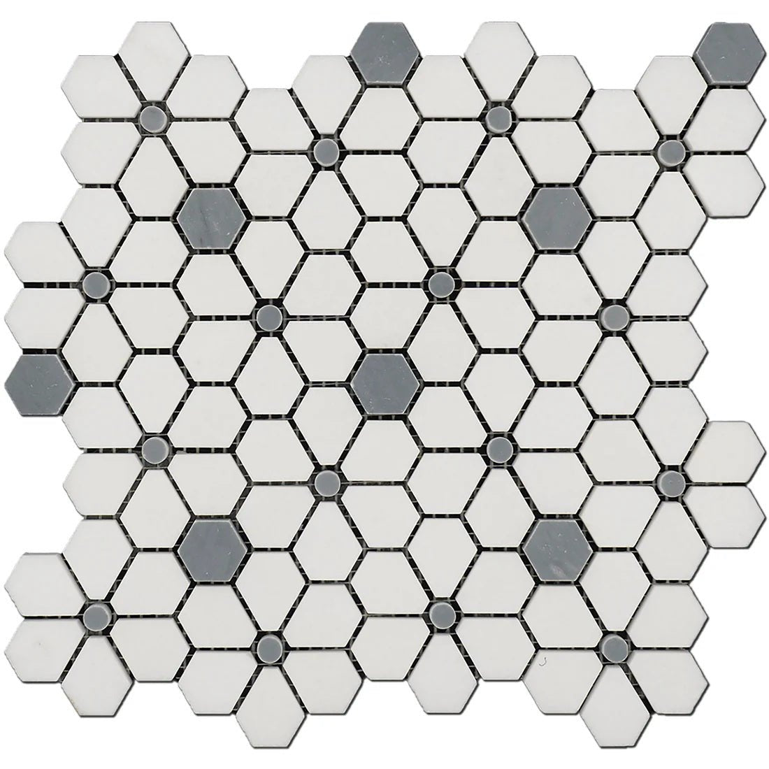 White and Blue Gray Marble Hex Flower Tile
