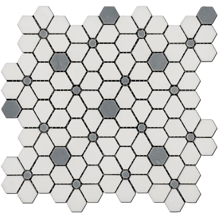 White and Blue Gray Marble Hex Flower Tile