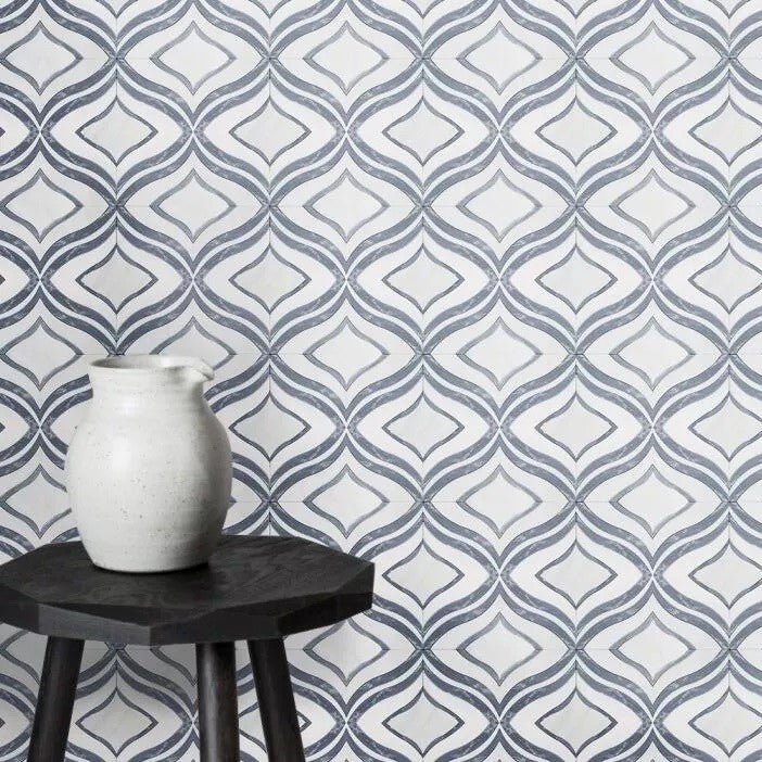 White Thassos and Palissandro Blue Marble Waterjet Mosaic Tile in Blue Ribbons - TileBuys