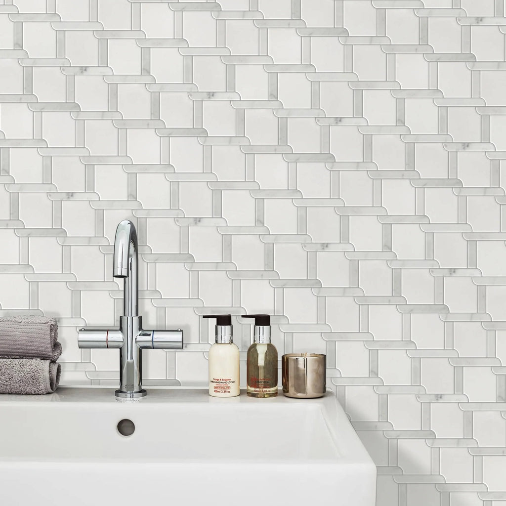 White Thassos and Carrara Bianco Marble Waterjet Mosaic Tile in Princess Weave | TileBuys