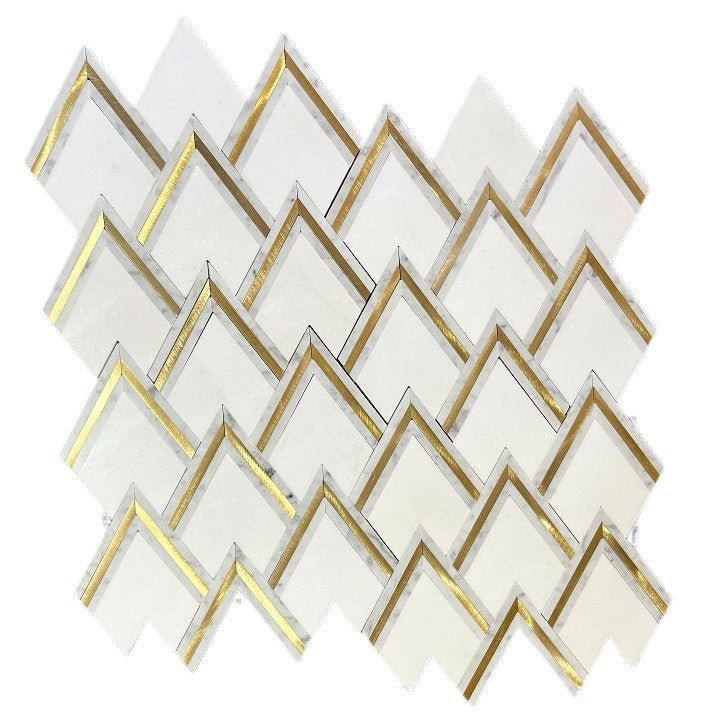 Thassos and Carrara Marble Waterjet Mosaic Tiles with V-Shape Gold Aluminum Accents