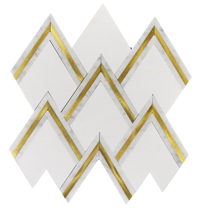 Thassos and Carrara Marble Waterjet Mosaic Tile with V-Shape Gold Aluminum Accents