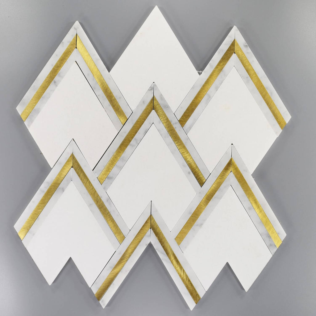 Thassos and Carrara Marble Waterjet Mosaic Tile with V-Shape Gold Aluminum Accents