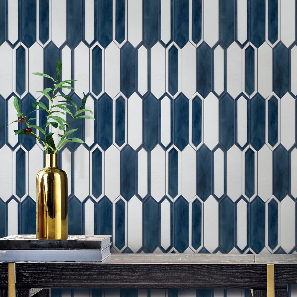 White Thassos Marble and Blue Inkjet Glass Picket Tile Accent Wall