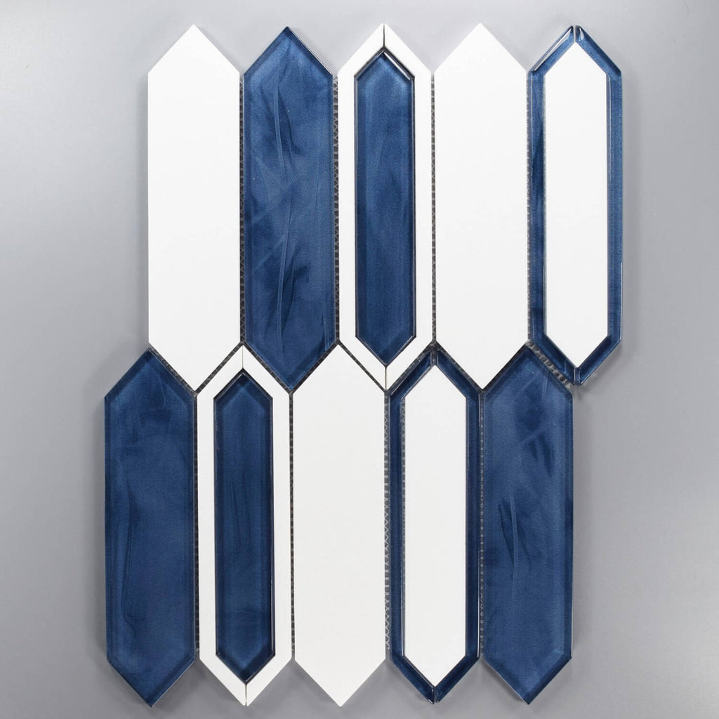 White Thassos Marble and Blue Inkjet Glass Picket Tile on Gray Background
