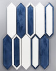 White Thassos Marble and Blue Inkjet Glass Picket Tile on Gray Background