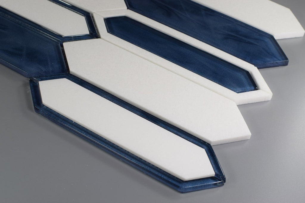 Closeup of White Thassos Marble and Blue Inkjet Glass Picket Tile
