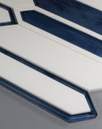 Closeup of White Thassos Marble and Blue Inkjet Glass Picket Tile