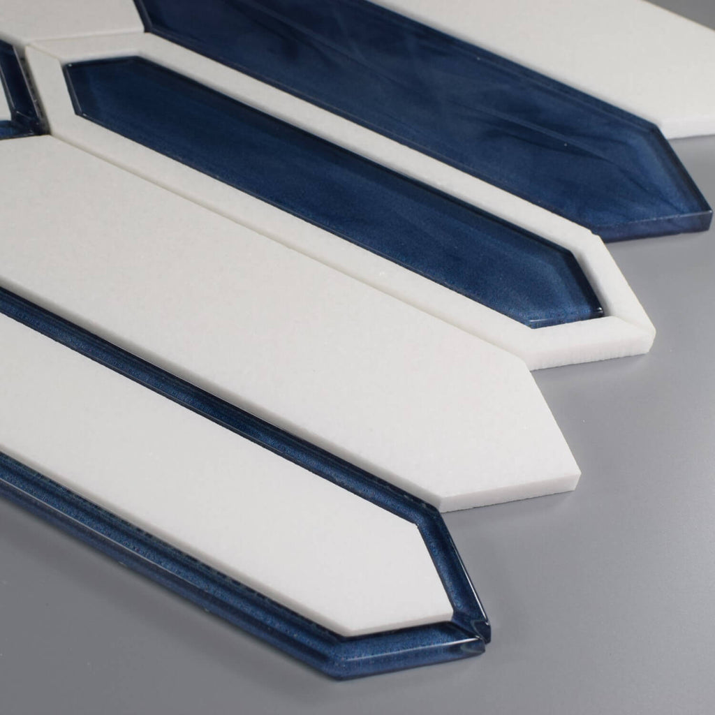 Closeup of White Thassos Marble and Blue Inkjet Glass Picket Tile