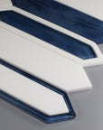 Closeup of White Thassos Marble and Blue Inkjet Glass Picket Tile