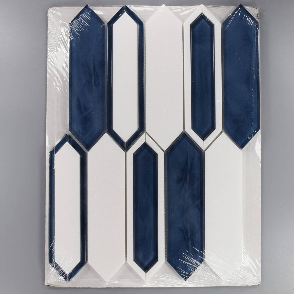 White Thassos Marble and Blue Inkjet Glass Picket Tile in Packaging