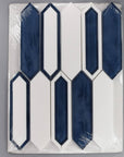 White Thassos Marble and Blue Inkjet Glass Picket Tile in Packaging