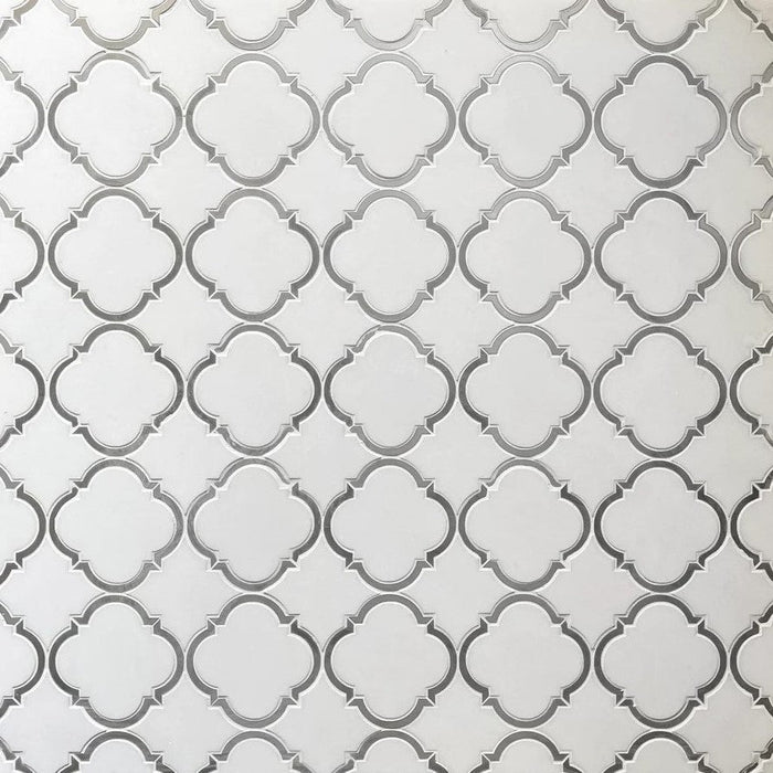 White Thassos Marble & Grey Metal Quatrefoil Waterjet Mosaic Tile - TileBuys