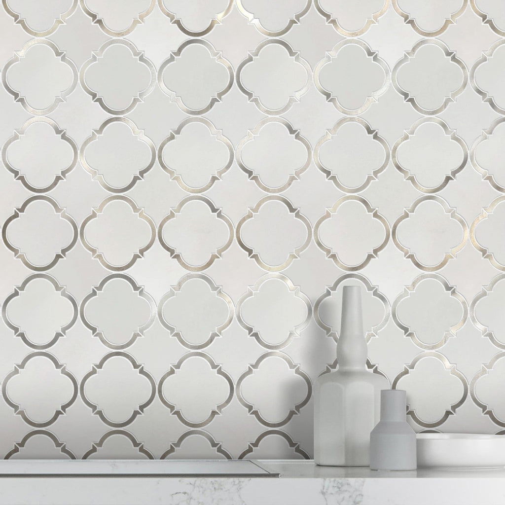White Thassos Marble & Grey Metal Quatrefoil Waterjet Mosaic Tile - TileBuys