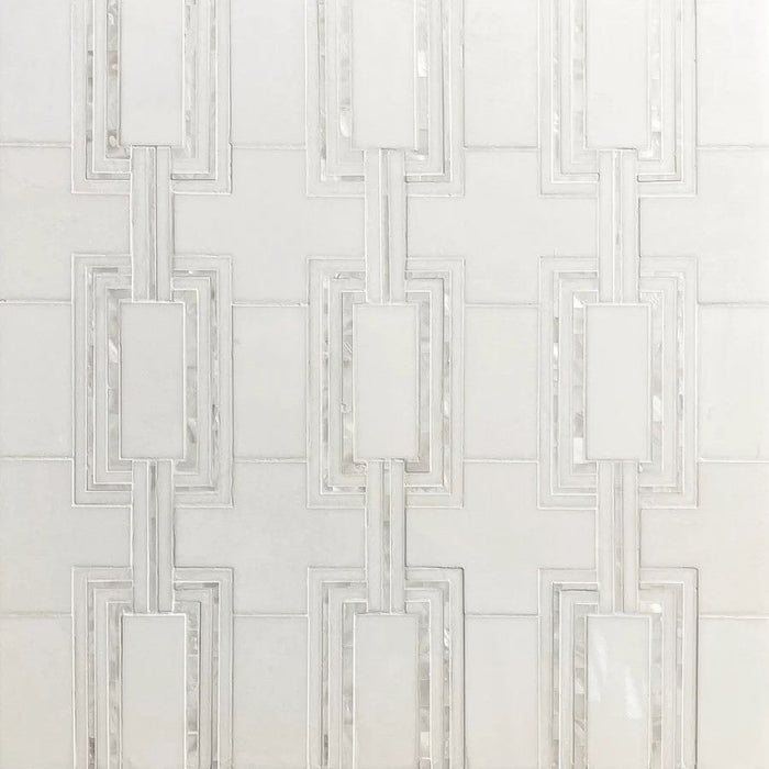 Thassos Marble and Mother of Pearl Chain Link Pattern Waterjet Tile 