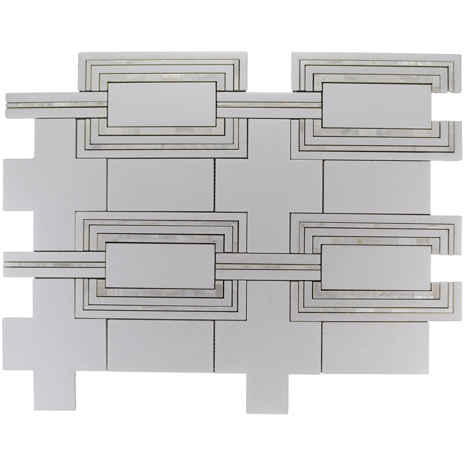 Modern Deco Waterjet Mosaic Tile in White Thassos & Mother of Pearl | TileBuys