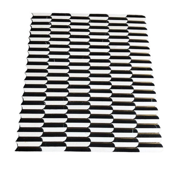 White Thassos, Nero Marquina Black Marble, and Brass Elongated Scallop Waterjet Mosaic Tiles