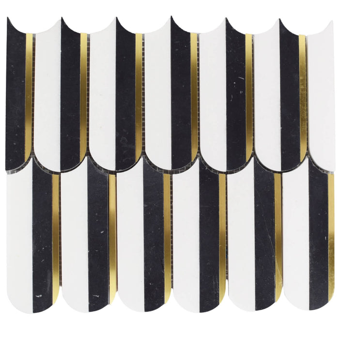 Closeup of White Thassos, Nero Marquina Black Marble, and Brass Elongated Scallop Waterjet Mosaic Tile