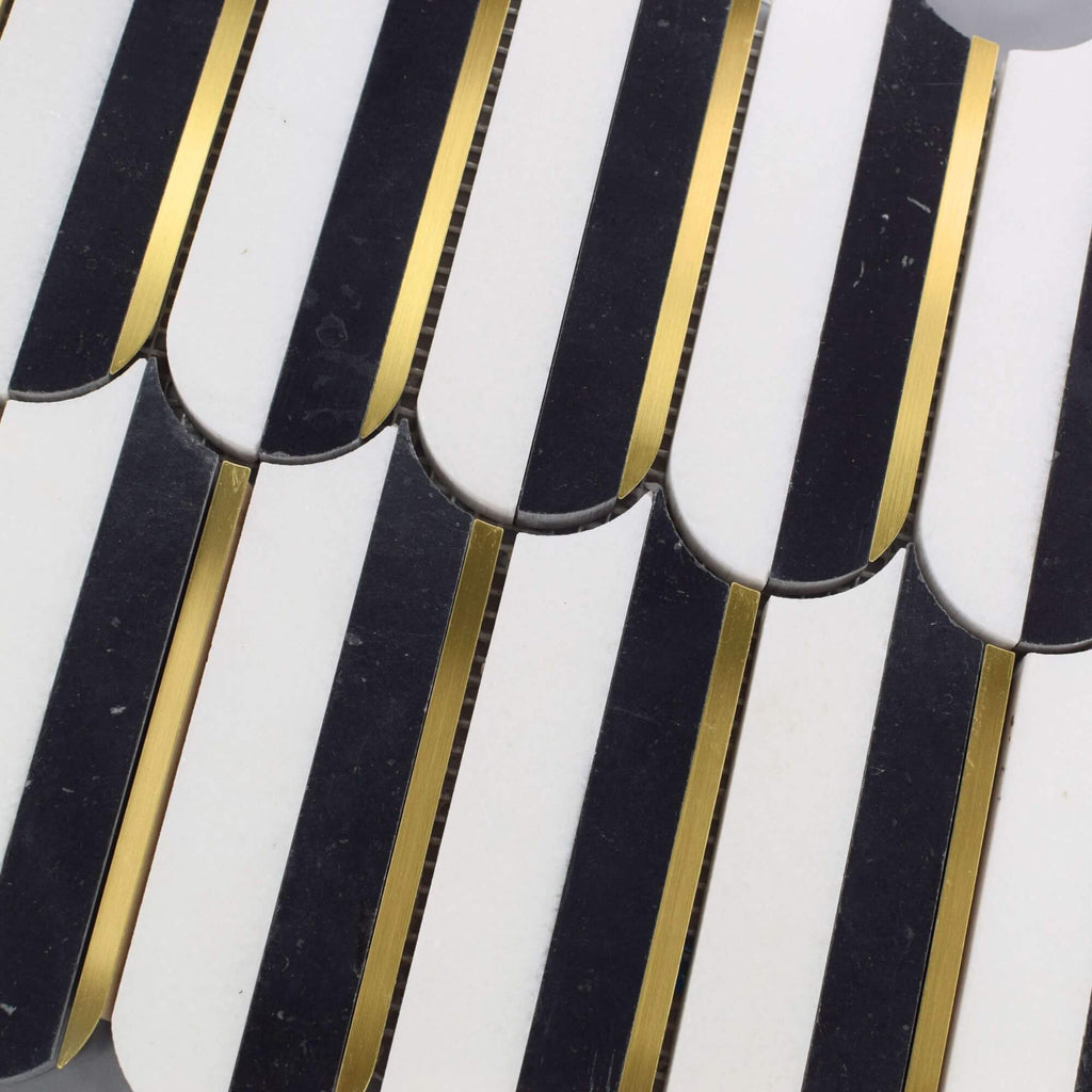 white black gold elongated scallop tile