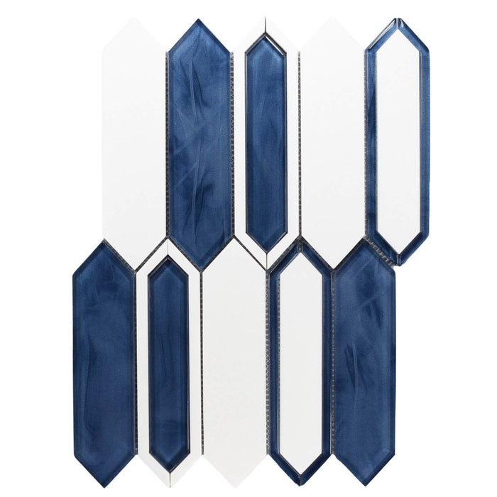 White Thassos Marble and Blue Inkjet Glass Picket Tile