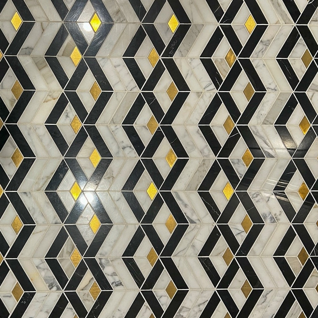 Calacatta Gold & Black Marble Geometric 3D Tile with Brass Inlay