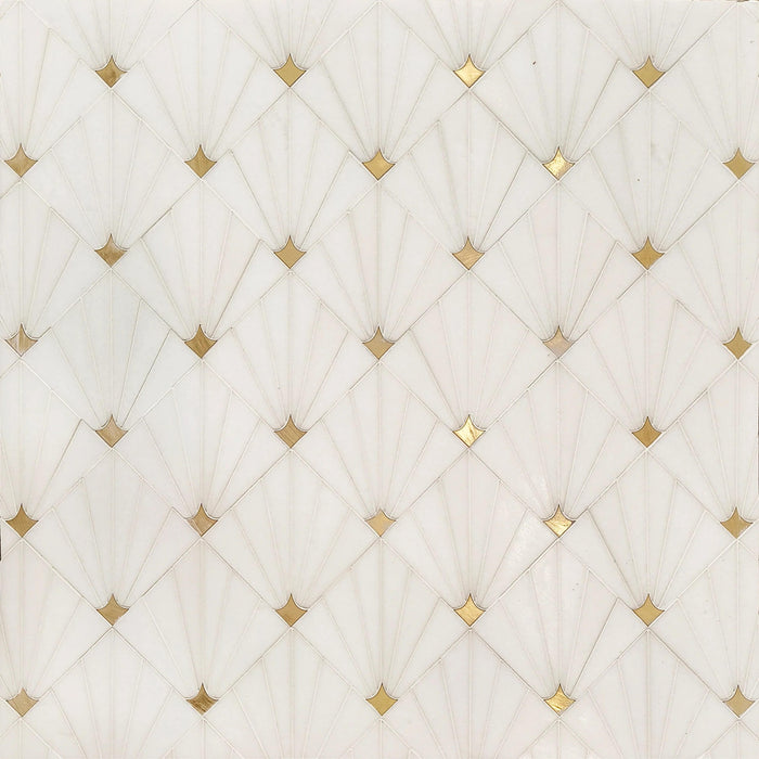 Thassos White Marble and Brass Sunray Waterjet Mosaic Tile