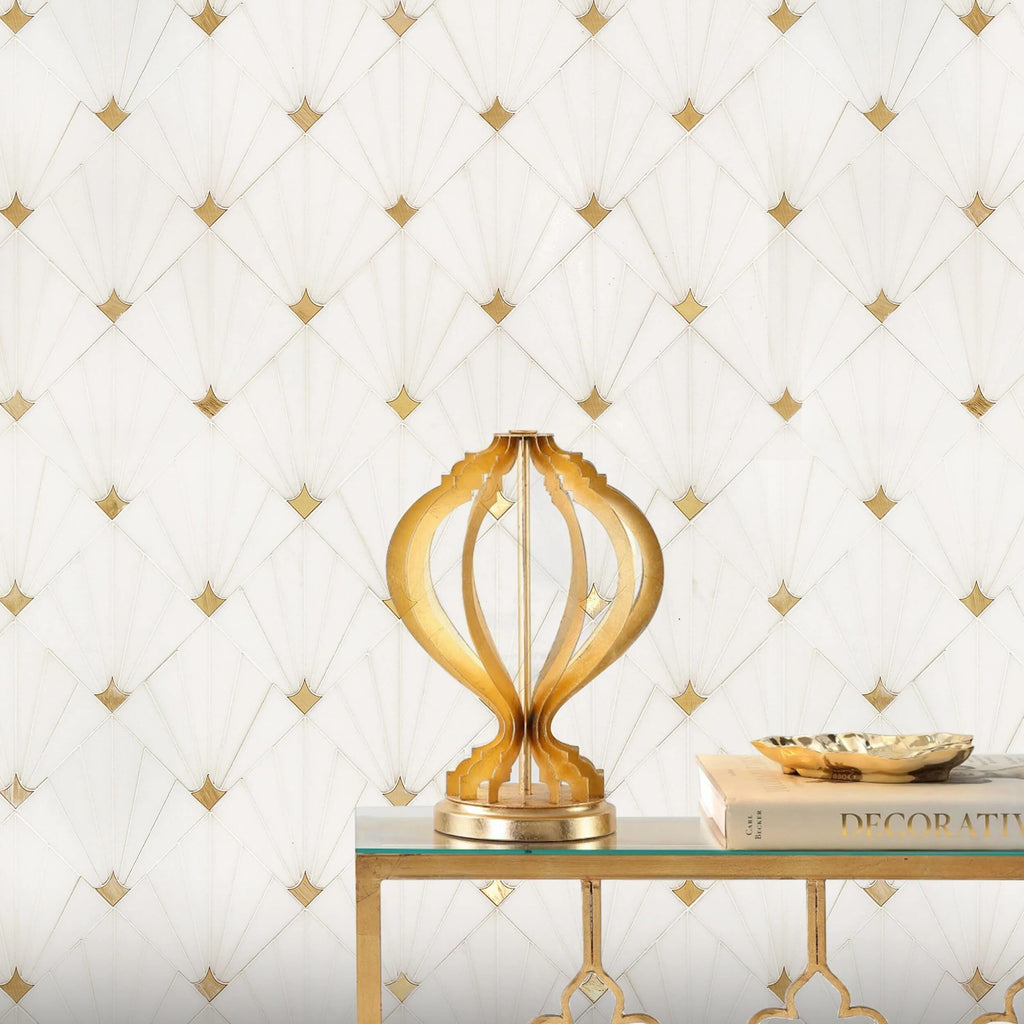 Thassos White Marble and Brass Sunray Waterjet Mosaic Tile