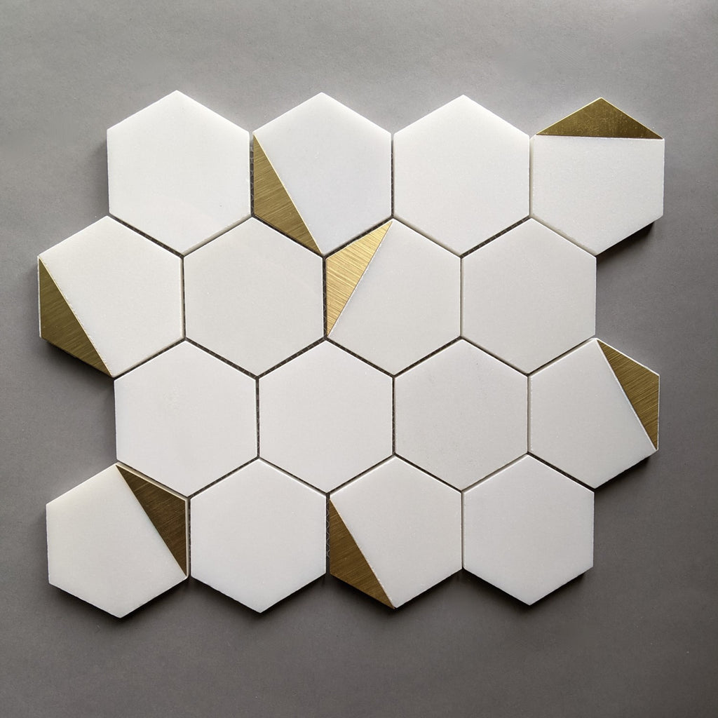 Royal White Marble Hexagon Tile with Gold Trim