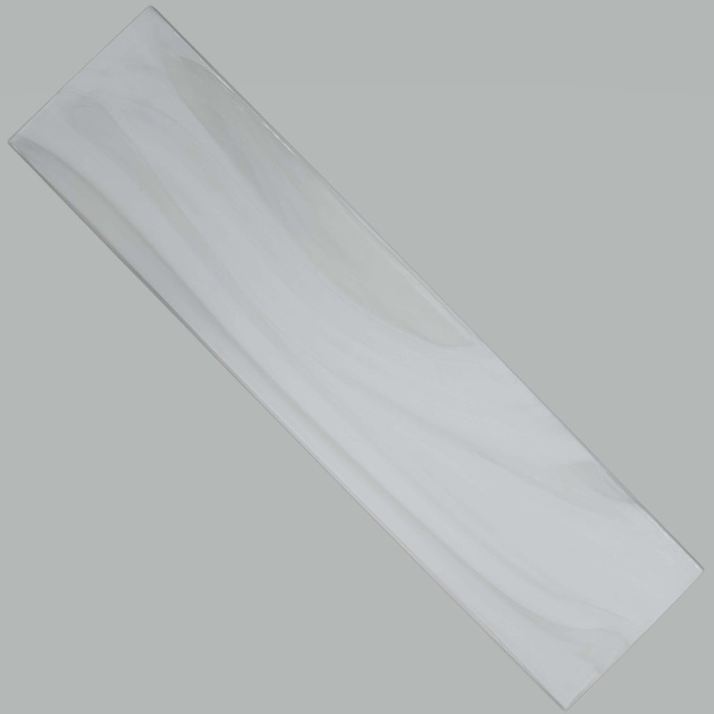 White Pearlescent Glazed Glass Subway Tile on Gray Background