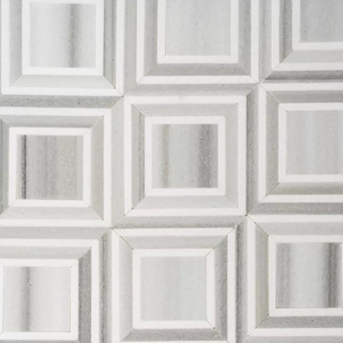 Wooden White and White Thassos Marble Waterjet Mosaic Tile in Contemporary Piazza - TileBuys