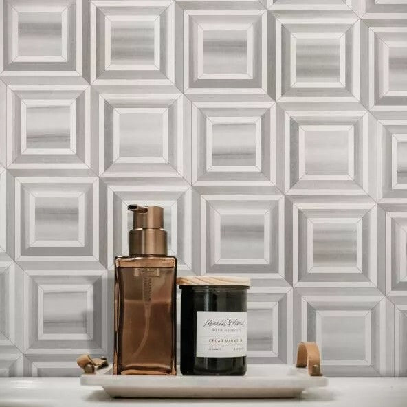 Wooden White and White Thassos Marble Waterjet Mosaic Tile in Contemporary Piazza - TileBuys