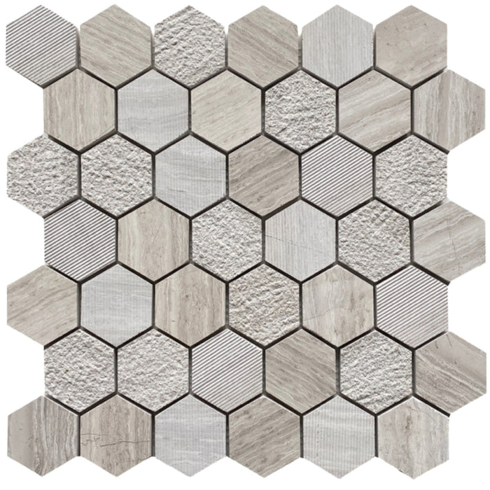 Wooden White Marble Textured Hexagon Mosaic Tile
