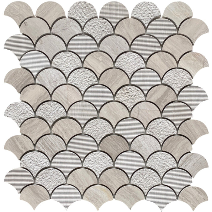 Wooden White Textured Fan Mosaic Tile