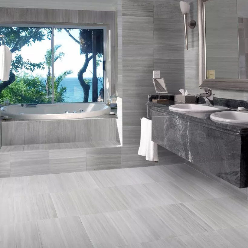 Bathroom with Zebra Marble Wall and Floor Tiles, Tub Surround