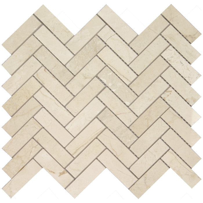 Crema Marfil Marble Mosaic Tile in Herringbone Pattern | TileBuys