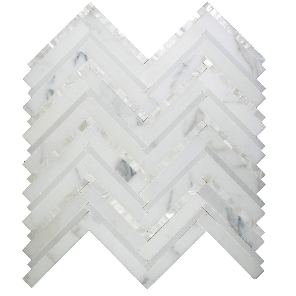 Calacatta (Calcutta) Marble and Mother of Pearl Waterjet Mosaic Tile in Deluxe Herringbone | TileBuys