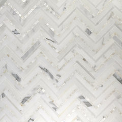 Calacatta (Calcutta) Marble and Mother of Pearl Waterjet Mosaic Tile in Deluxe Herringbone | TileBuys